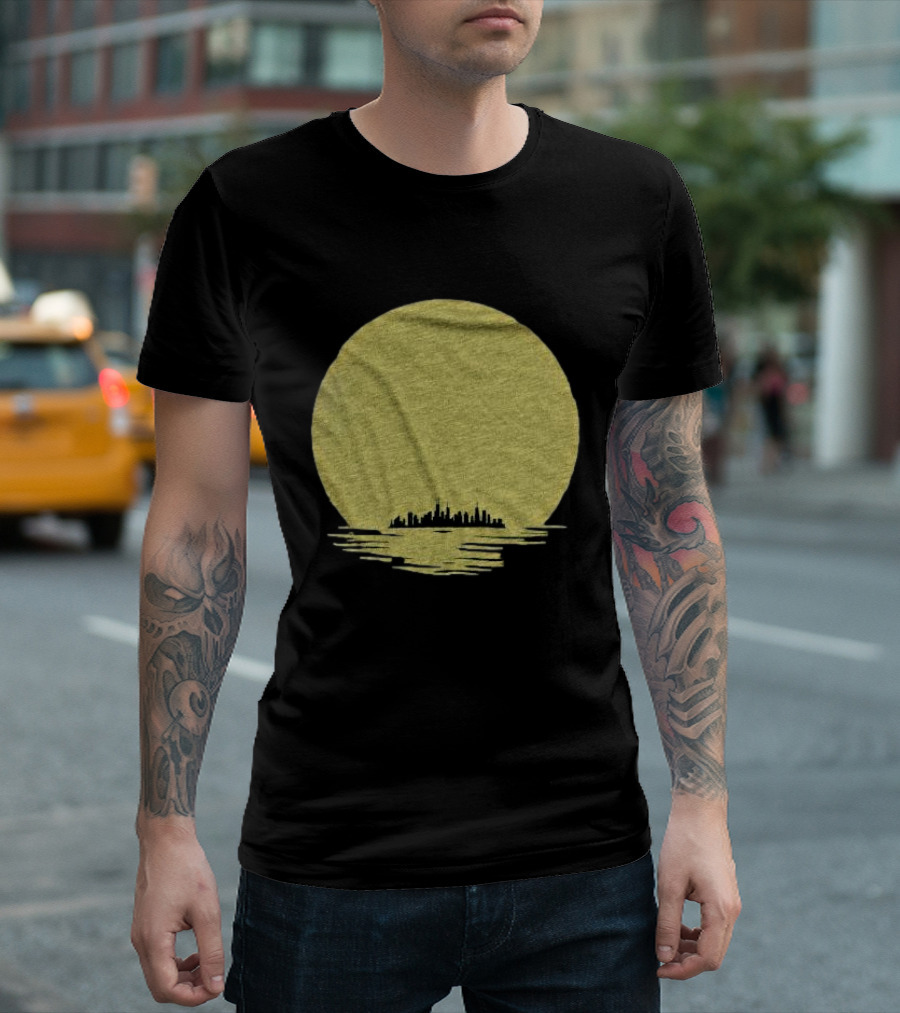 Michigan Skyline Reflected Under Golden Moon T-Shirt