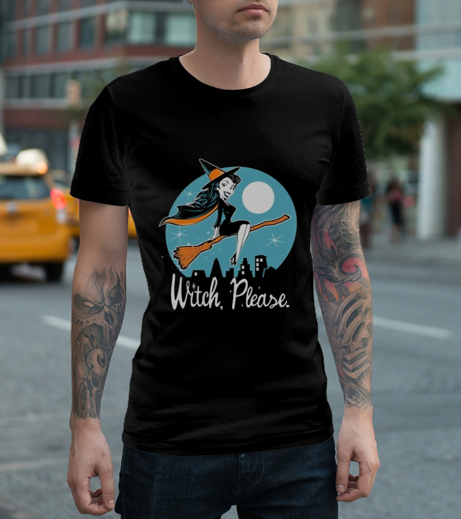 Witch Please Slim Midnight City Happy Halloween 2024 Broomstick Flying Moonlight Scene T-Shirt