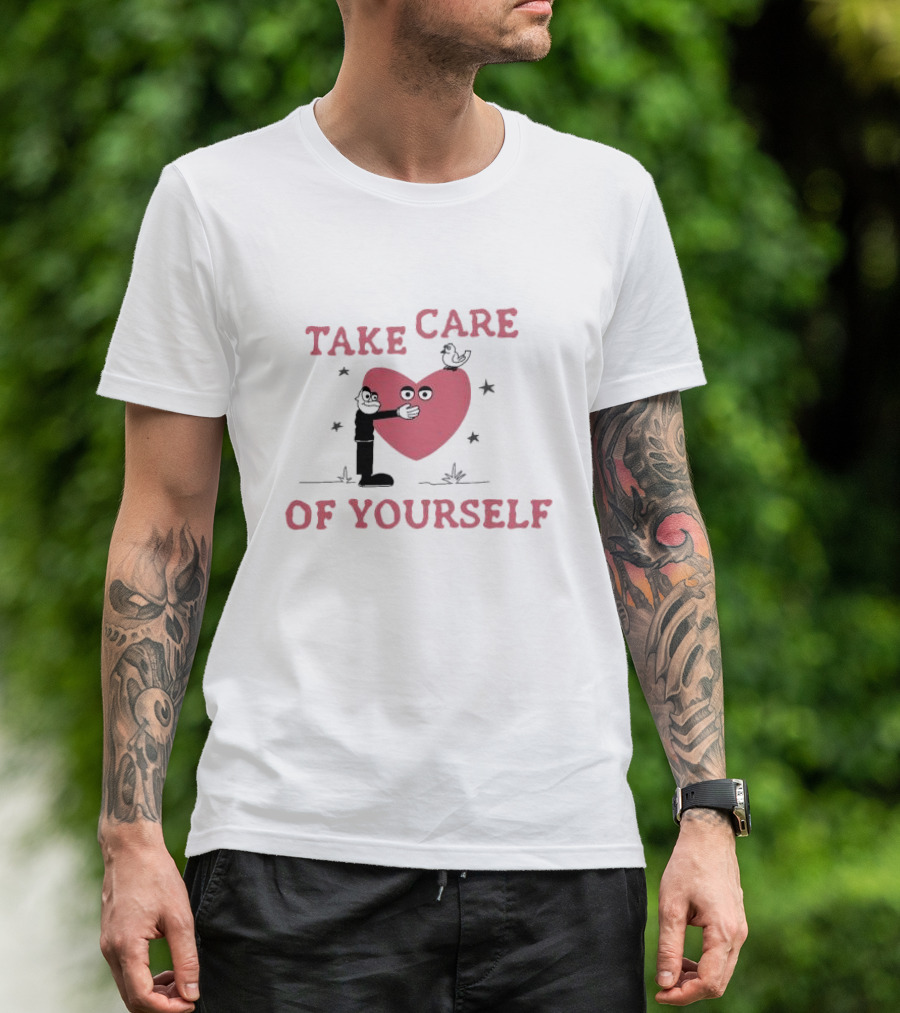 Take Care Of Yourself Heart With Cartoon Character And Bird T-Shirt