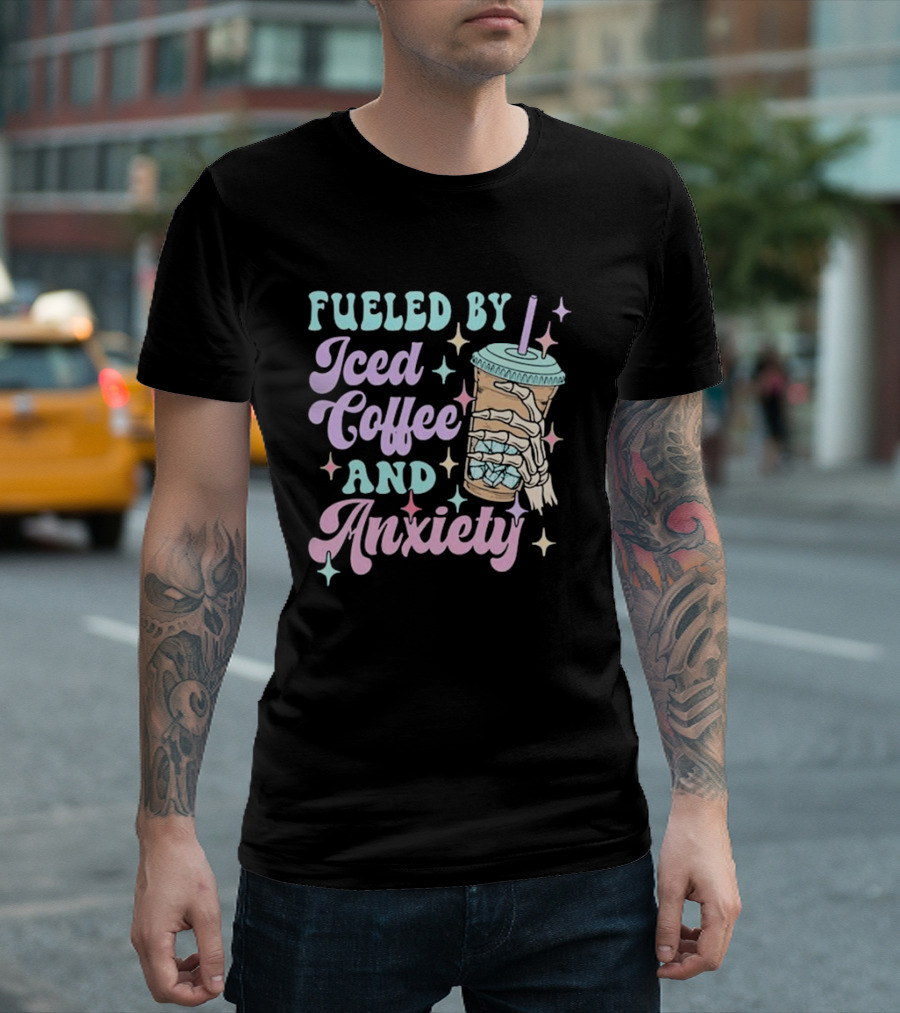 Fueled By Iced Coffee And Anxiety Skeleton Hand Pastel Aesthetic T-Shirt