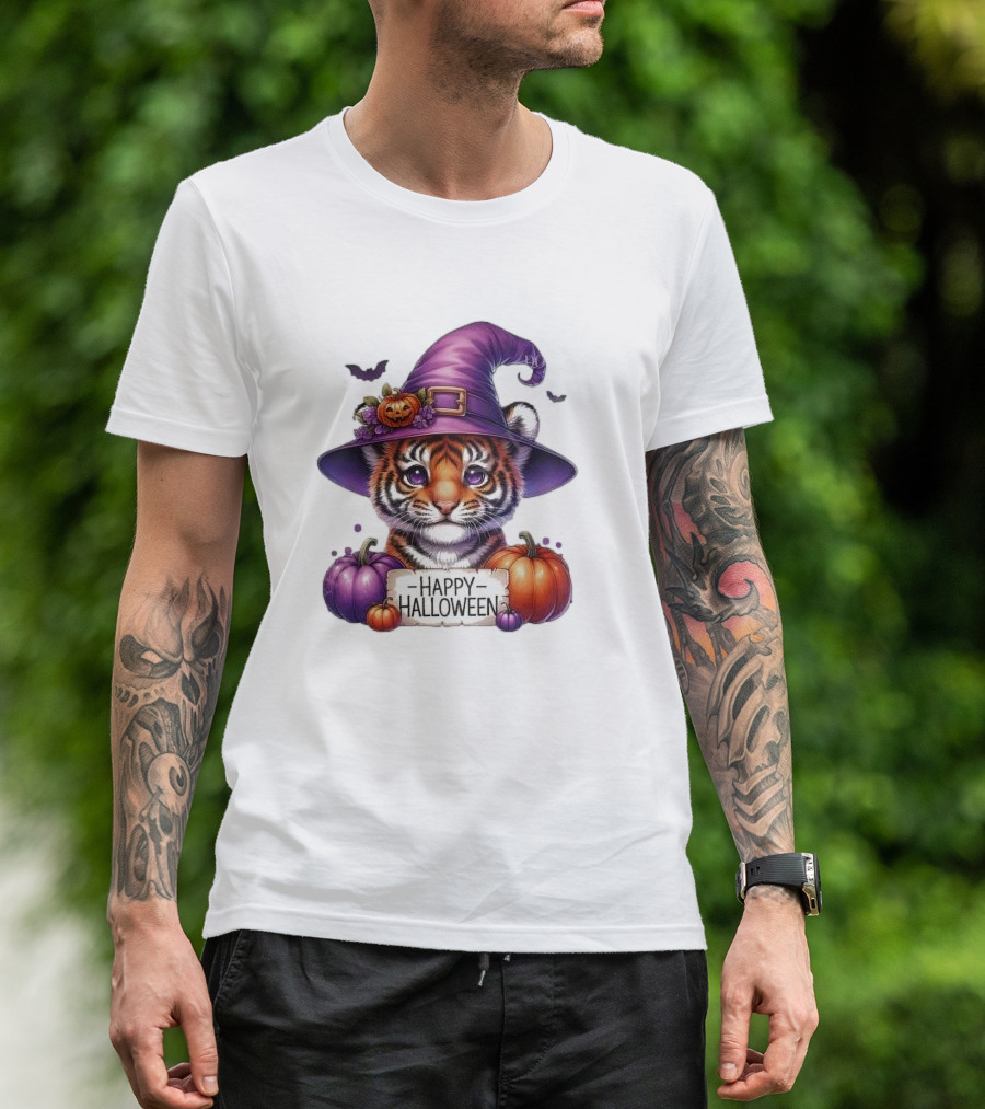 Detroit Tigers Cute Tiger Cub Witch Hat Halloween Pumpkin Lover Sublimation October T-Shirt