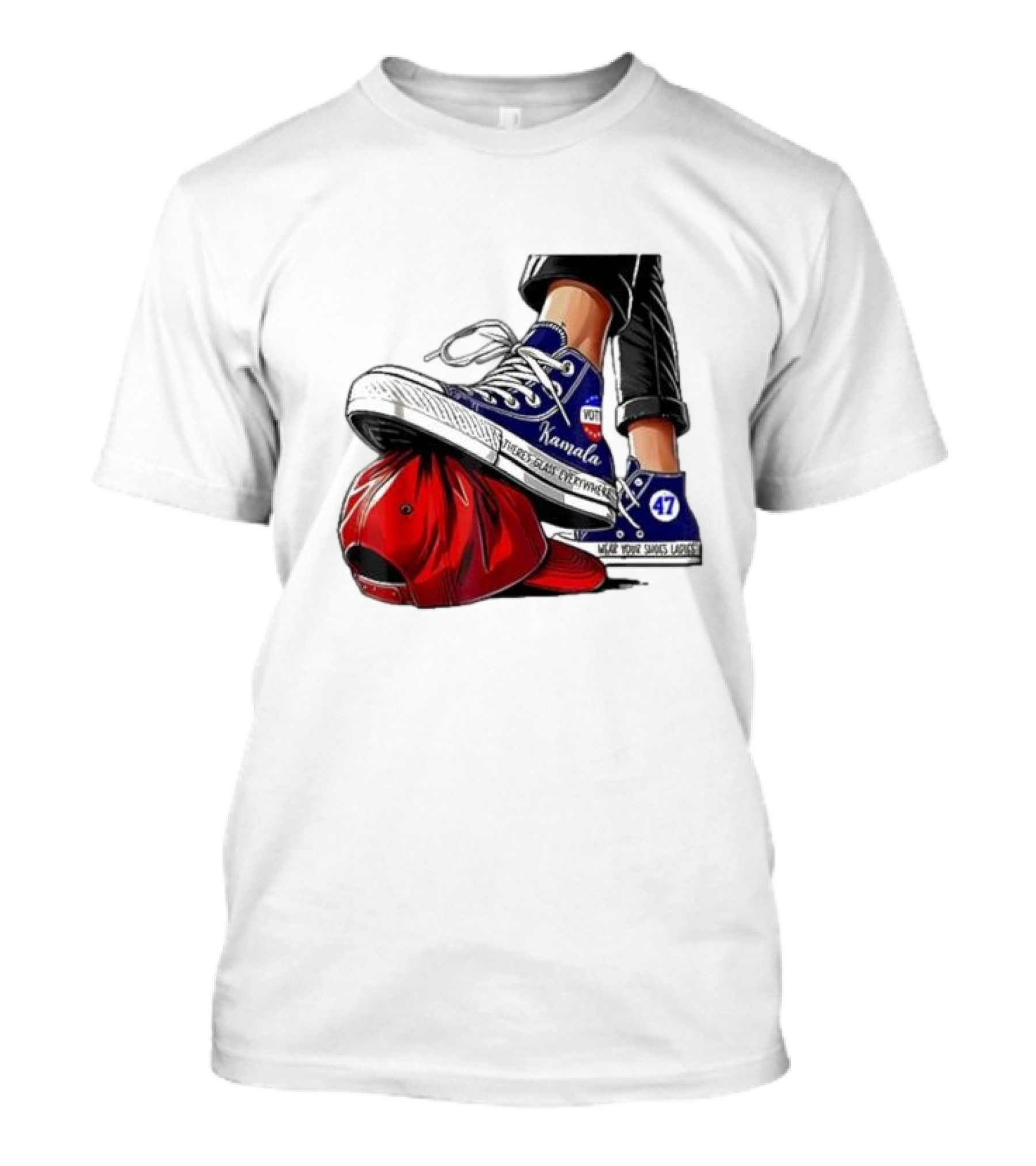 Kamala Sneakers Stomping Red Maga Hat Vote 47 Wear Shoes Change Walk Three Times Fast Crywalker T-Shirt