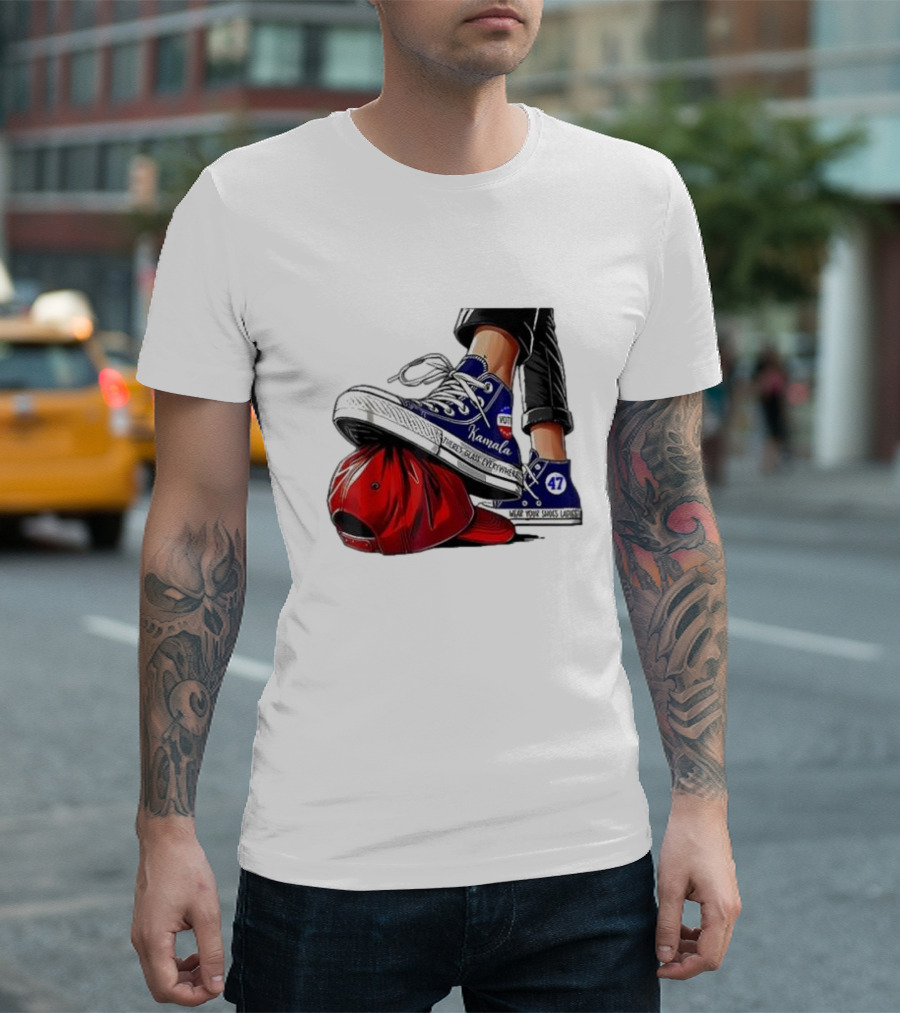 Kamala Sneakers Stomping Red Maga Hat Vote 47 Wear Shoes Change Walk Three Times Fast Crywalker T-Shirt