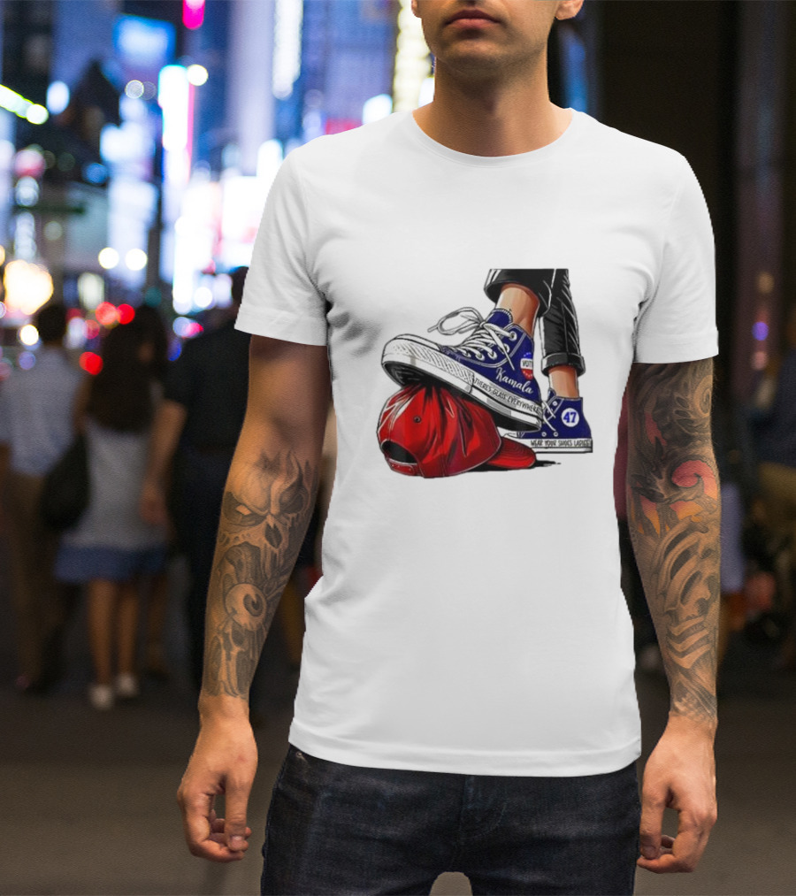Kamala Sneakers Stomping Red Maga Hat Vote 47 Wear Shoes Change Walk Three Times Fast Crywalker T-Shirt