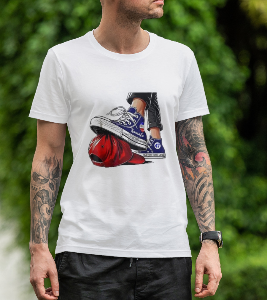 Kamala Sneakers Stomping Red Maga Hat Vote 47 Wear Shoes Change Walk Three Times Fast Crywalker T-Shirt
