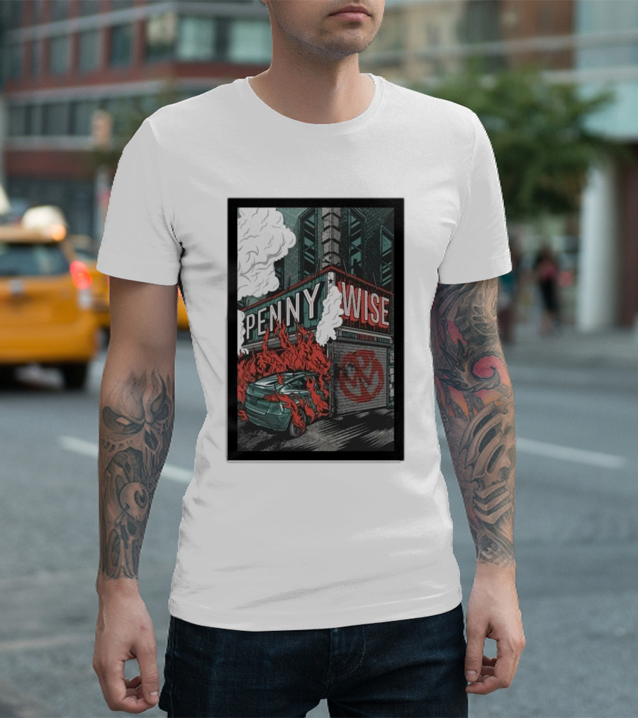 Pennywise October 02 2024 Mohawk Austin Show Burning Car Graffiti Street Scene T-Shirt
