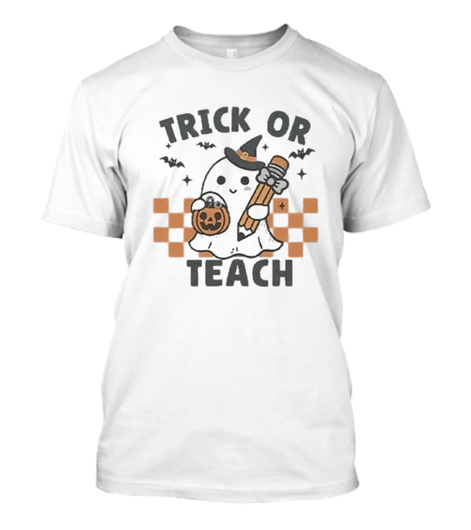 Trick Or Teach Teacher Halloween Ghost With Witch Hat And Pumpkin T-Shirt