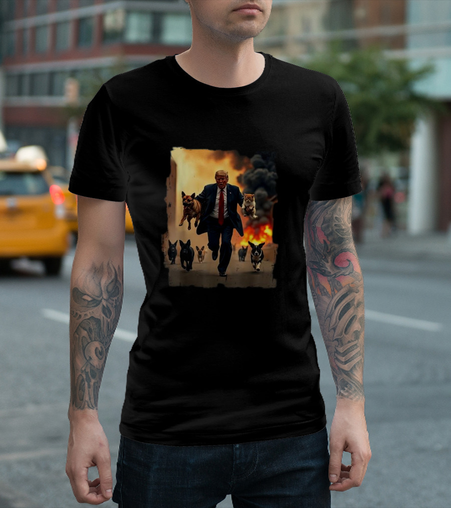 US Election 2024 Republican Dogs and Trump Running with Cats in Fire Background T-Shirt