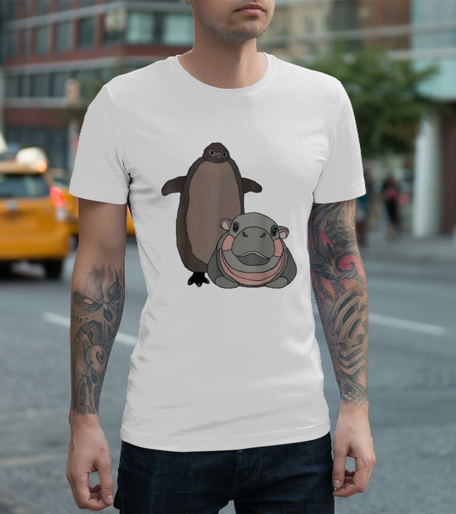 Pesto the Penguin and Moo Deng the Baby Hippo Cartoon Characters T-Shirt