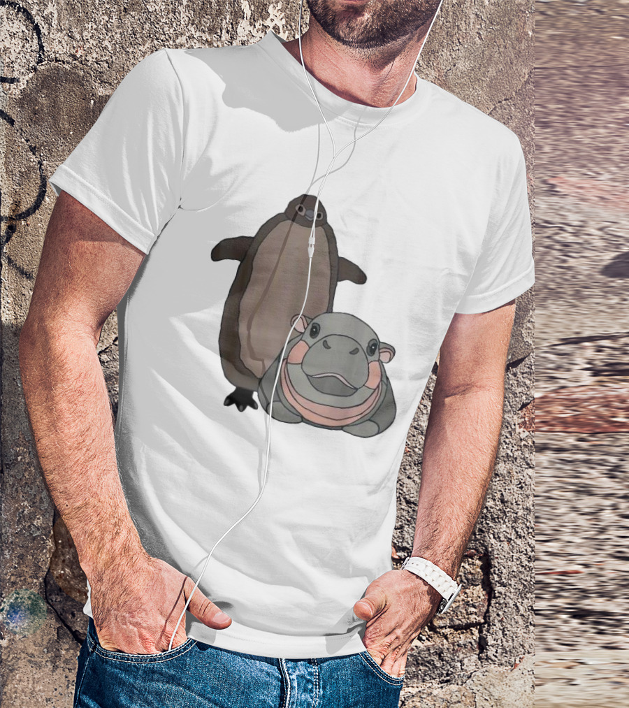 Pesto The Penguin And Moo Deng The Baby Hippo Cartoon Characters T-Shirt