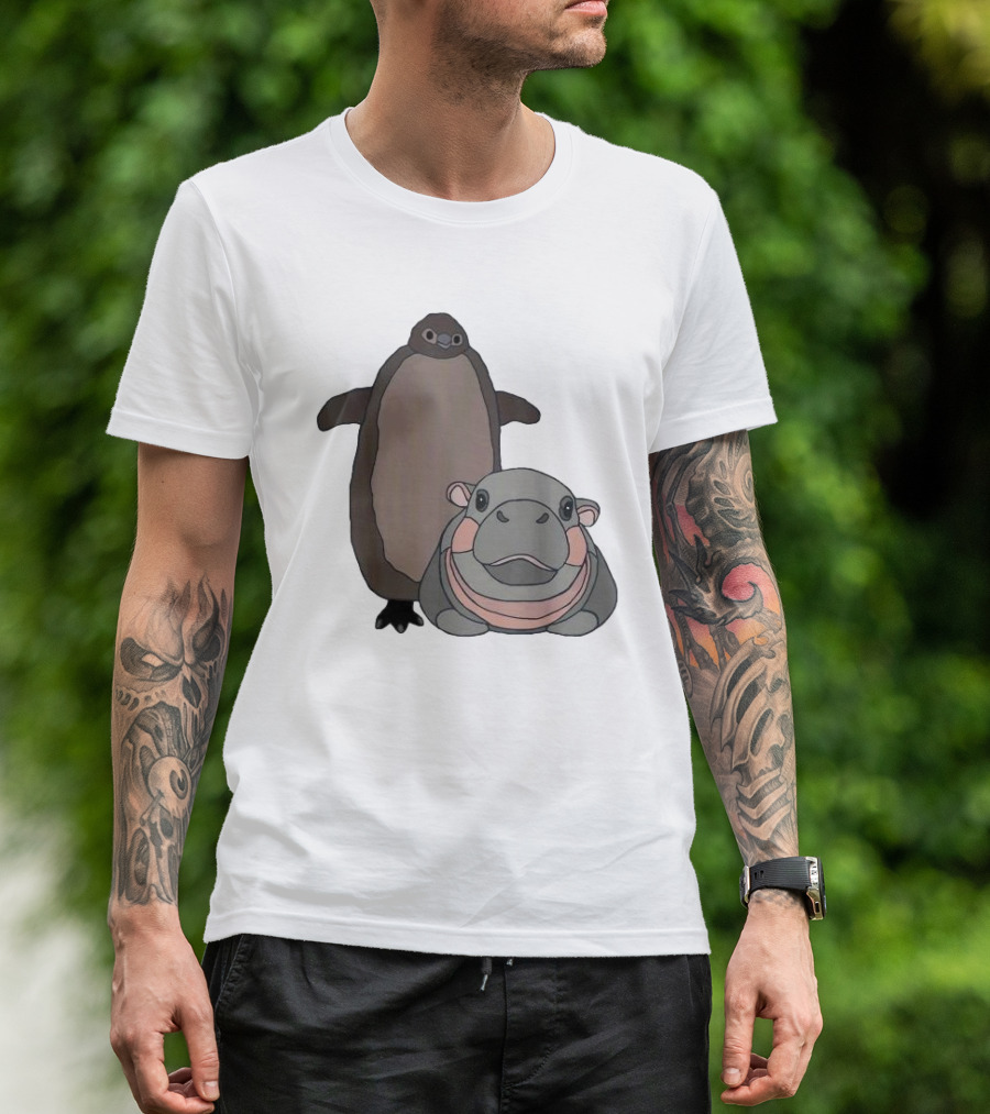 Pesto The Penguin And Moo Deng The Baby Hippo Cartoon Characters T-Shirt