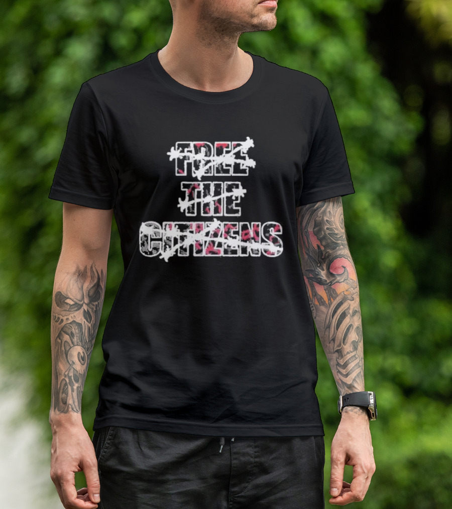 FREE THE CITIZENS Red And White Distressed Letters With Barbed Wire T-Shirt