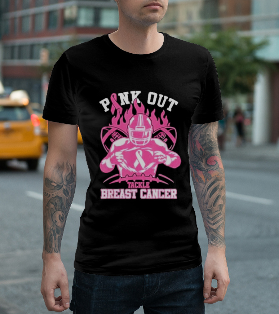 Pink Out Tackle Breast Cancer Awareness Football Player Ribbon Flames T-Shirt