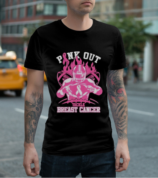 Pink Out Tackle Breast Cancer Awareness Football Player Ribbon Flames T-Shirt