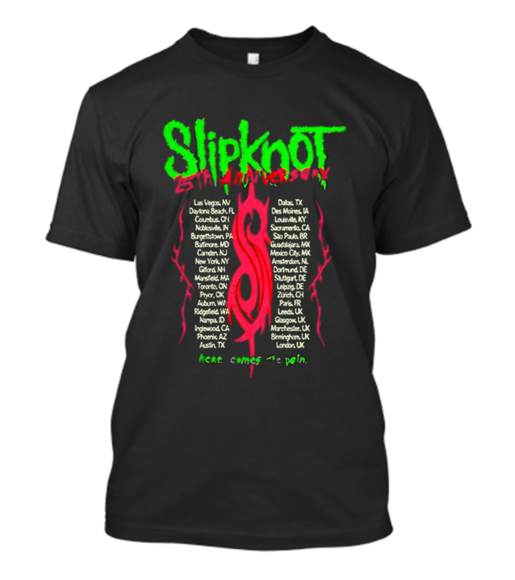 Slipknot 25th Anniversary Here Comes The Pain Tour Locations List T-Shirt