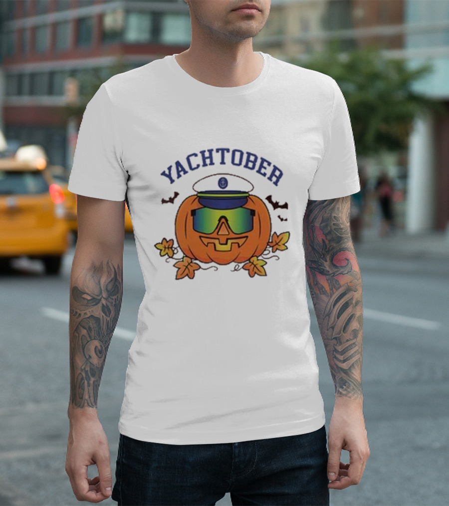 Yachtober Captain Pumpkin with Sunglasses and Bats T-Shirt