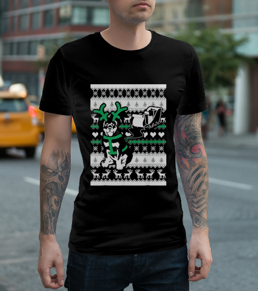 Christmas German Shepherd Wearing Antlers Pulling Santa Claus Sleigh Ugly T-Shirt