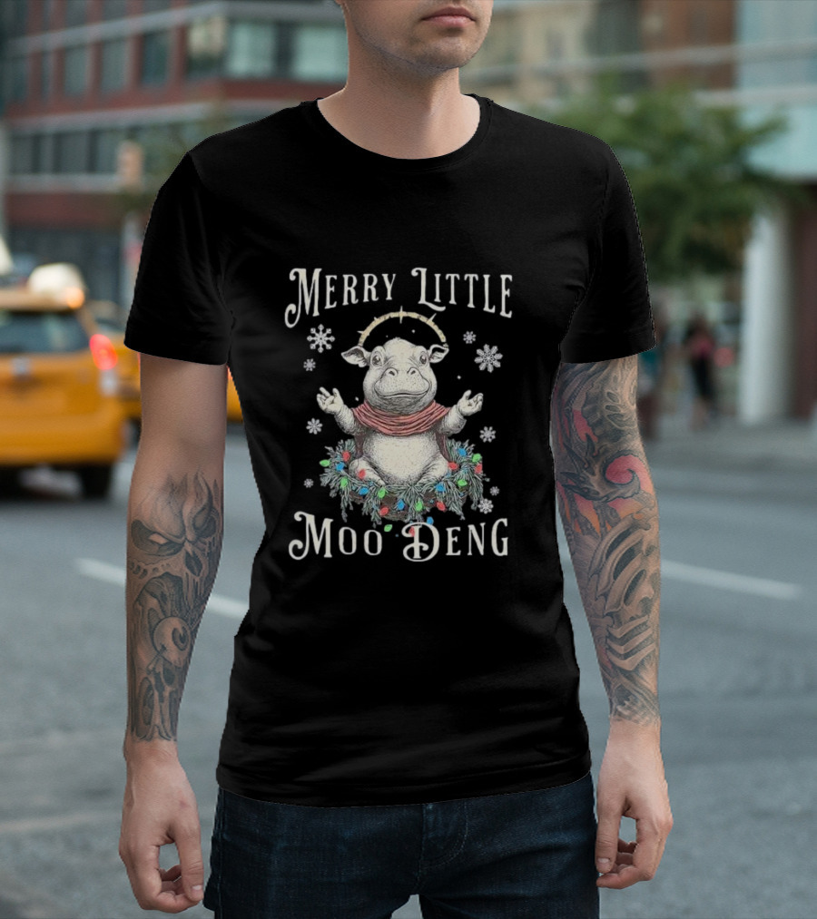 Merry Little Moo Deng Cute Christmas Hippo Surrounded by Snowflakes and Festive Wreath T-Shirt