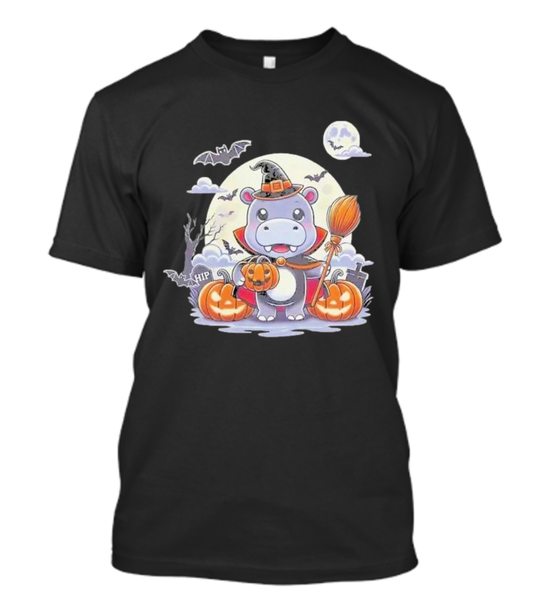 Moo Deng Halloween Hippo Witch Broom Pumpkins T-Shirt