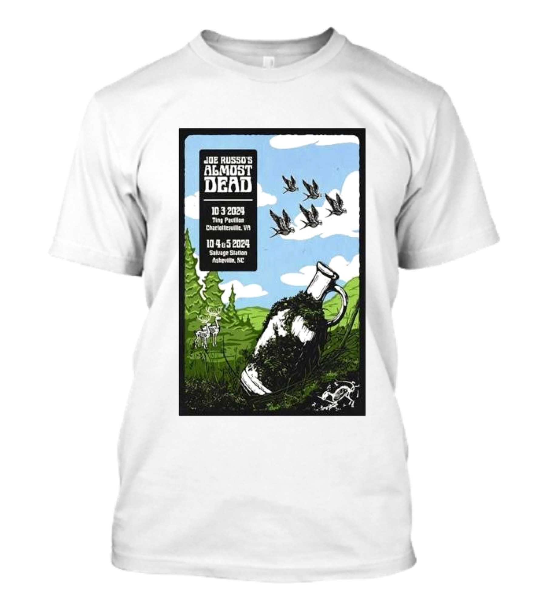 Joe Russo’s Almost Dead Oct 03 2024 Charlottesville VA Ting Pavilion Deer Birds Jug Tree Field Sky T-Shirt