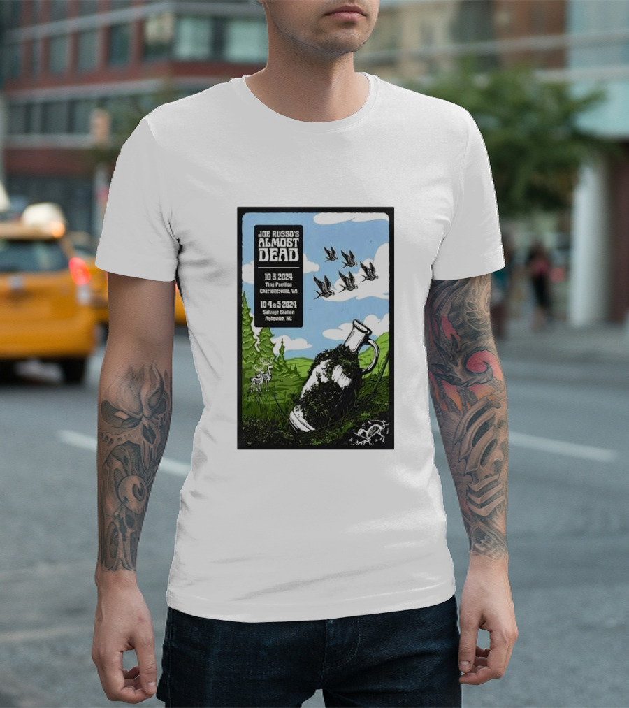Joe Russo’s Almost Dead Oct 03 2024 Charlottesville VA Ting Pavilion Deer Birds Jug Tree Field Sky T-Shirt