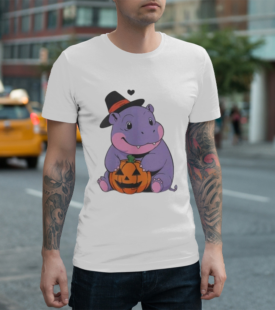 Moo Deng Halloween 2024 Purple Hippo Witch Hat Pumpkin T-Shirt