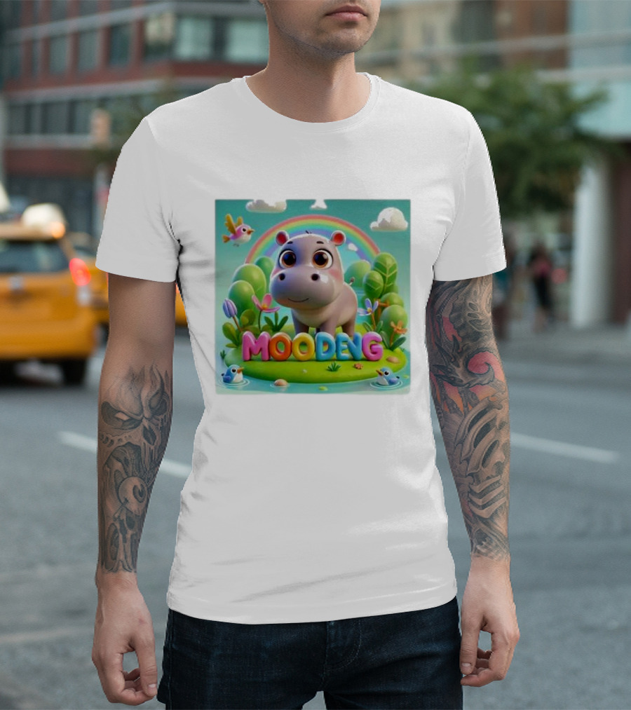 Moo-Deng The Famous Baby Pygmy Hippo Moo Deng Rainbow Meadow Scene T-Shirt