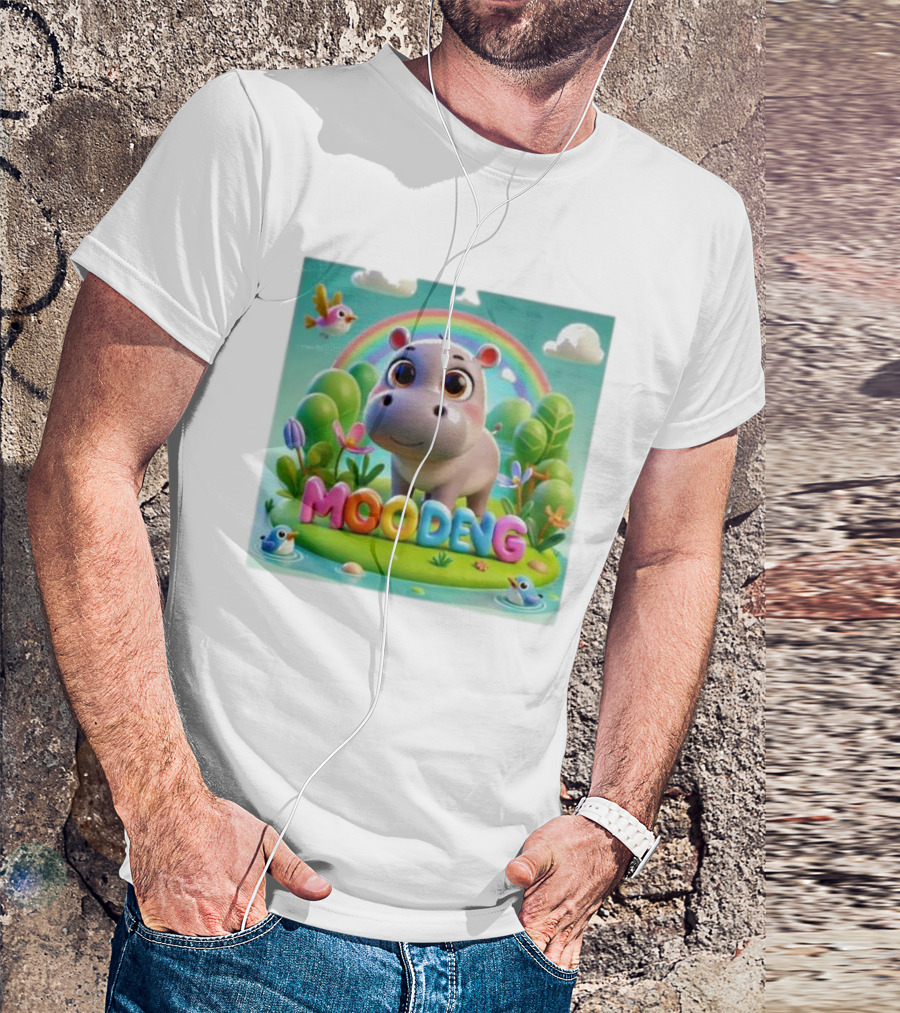 Moo-Deng The Famous Baby Pygmy Hippo Moo Deng Rainbow Meadow Scene T-Shirt