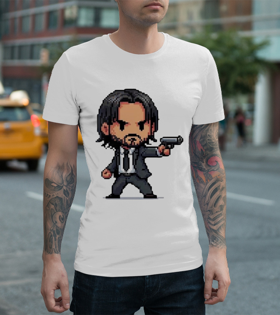 Pixel Chibi John Wick with Gun T-Shirt