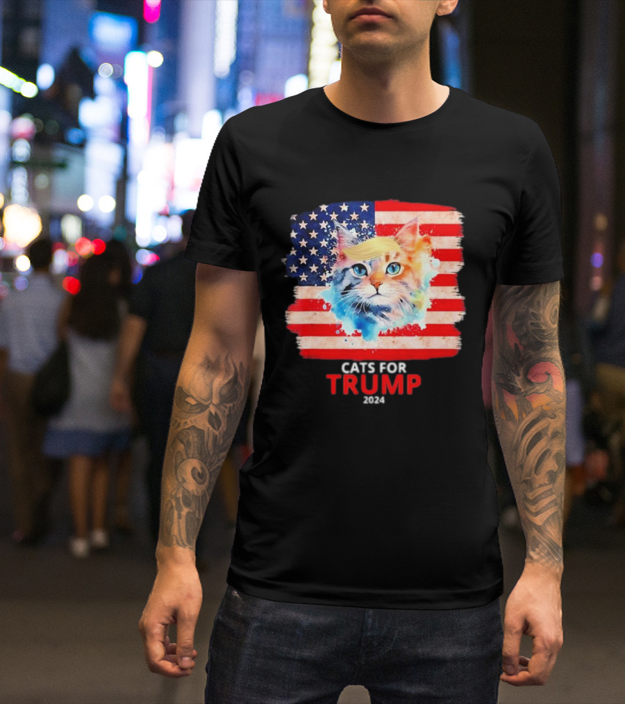 Cats For Trump 2024 Funny For Vance Trump American Flag Cat With Trump Hair T-Shirt