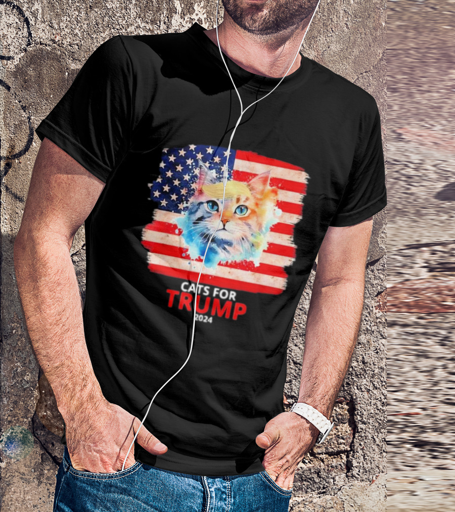 Cats For Trump 2024 Funny For Vance Trump American Flag Cat With Trump Hair T-Shirt