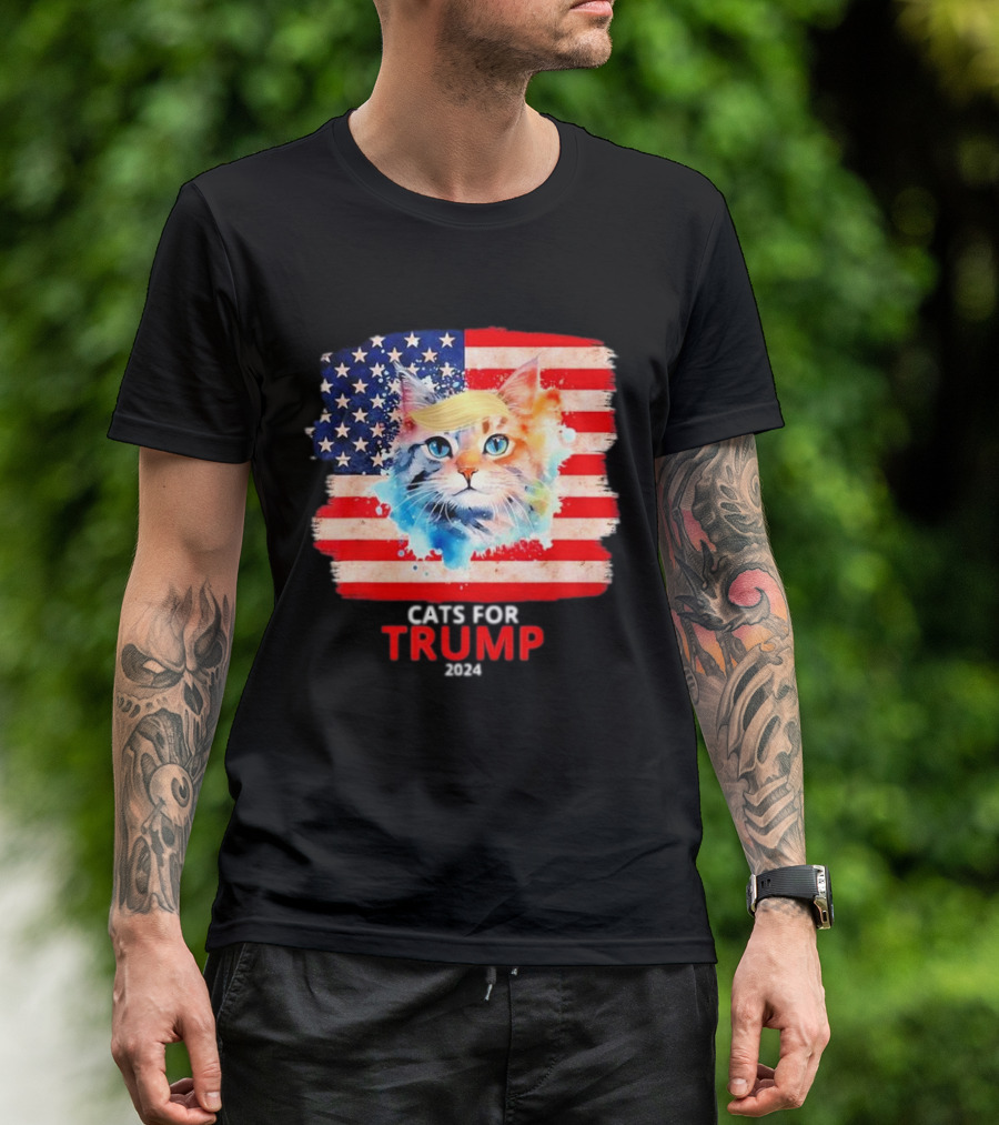 Cats For Trump 2024 Funny For Vance Trump American Flag Cat With Trump Hair T-Shirt