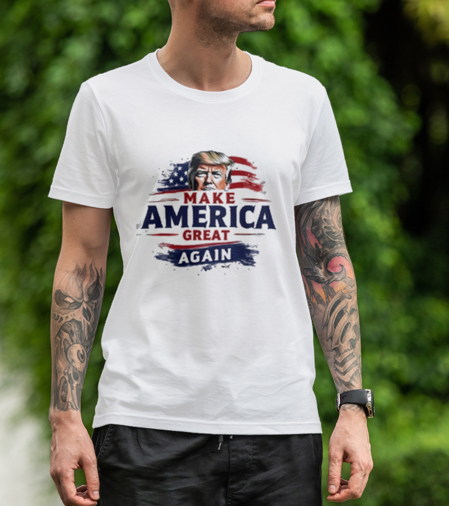 Make America Great Again Trump Face American Flag Background T-Shirt