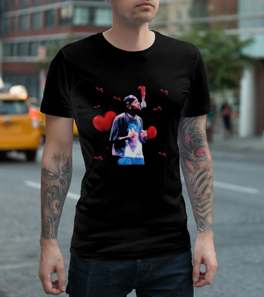 Chris Brown Microphone Performance with Hearts T-Shirt