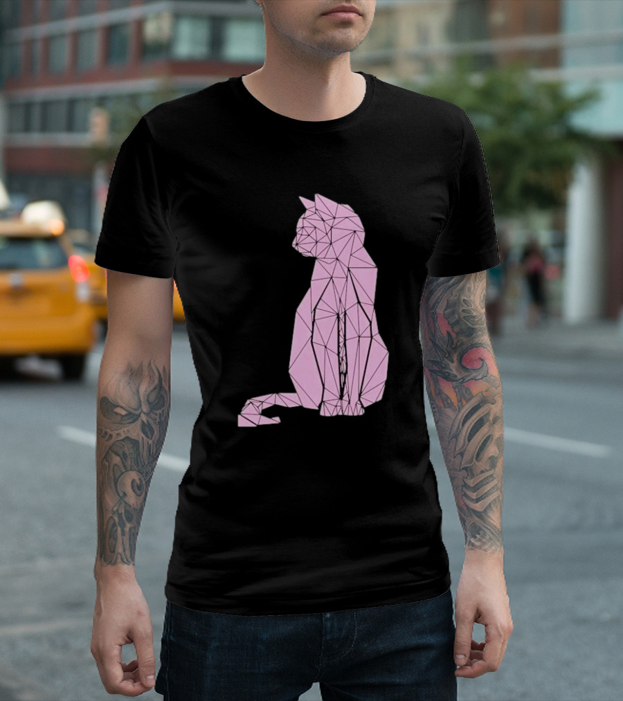 Geometric Cat Feline Pet Lover Minimalist Pink Line T-Shirt