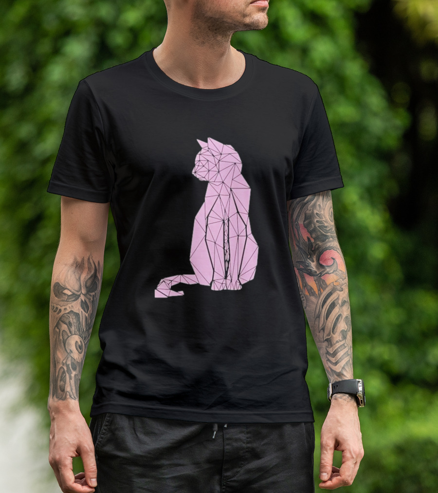 Geometric Cat Feline Pet Lover Minimalist Pink Line T-Shirt
