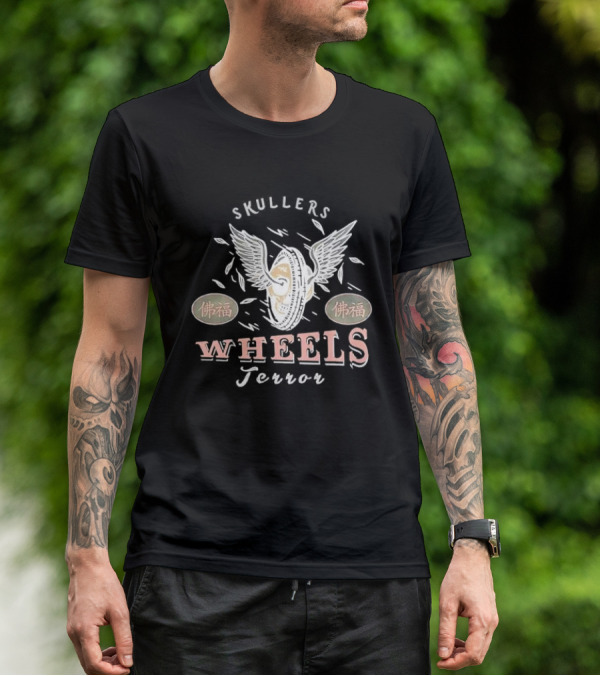 Skullers Wheels Terror With Winged Wheel And 佛福 Symbols T-Shirt