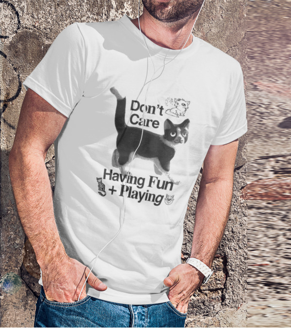 Don’t Care Having Fun Playing Cute Black Cat Sketch Art T-Shirt