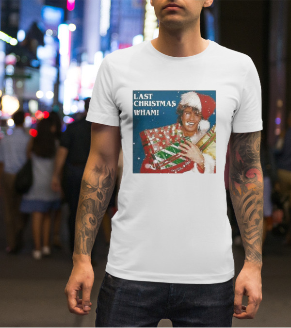 Last Christmas Wham George Michael Santa Hat Holding Gift T-Shirt