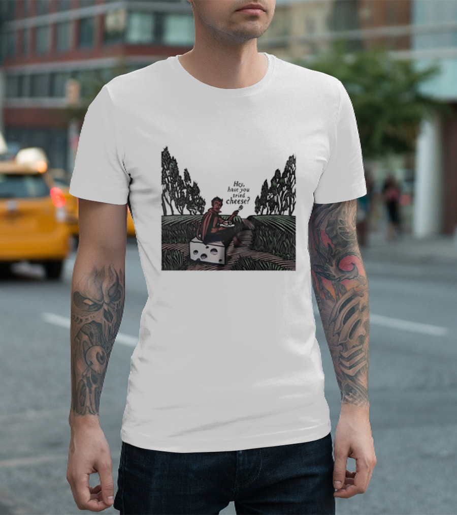 Devil Hey Have You Tried Cheese Sitting On Large Cheese Block In Countryside Scene T-Shirt