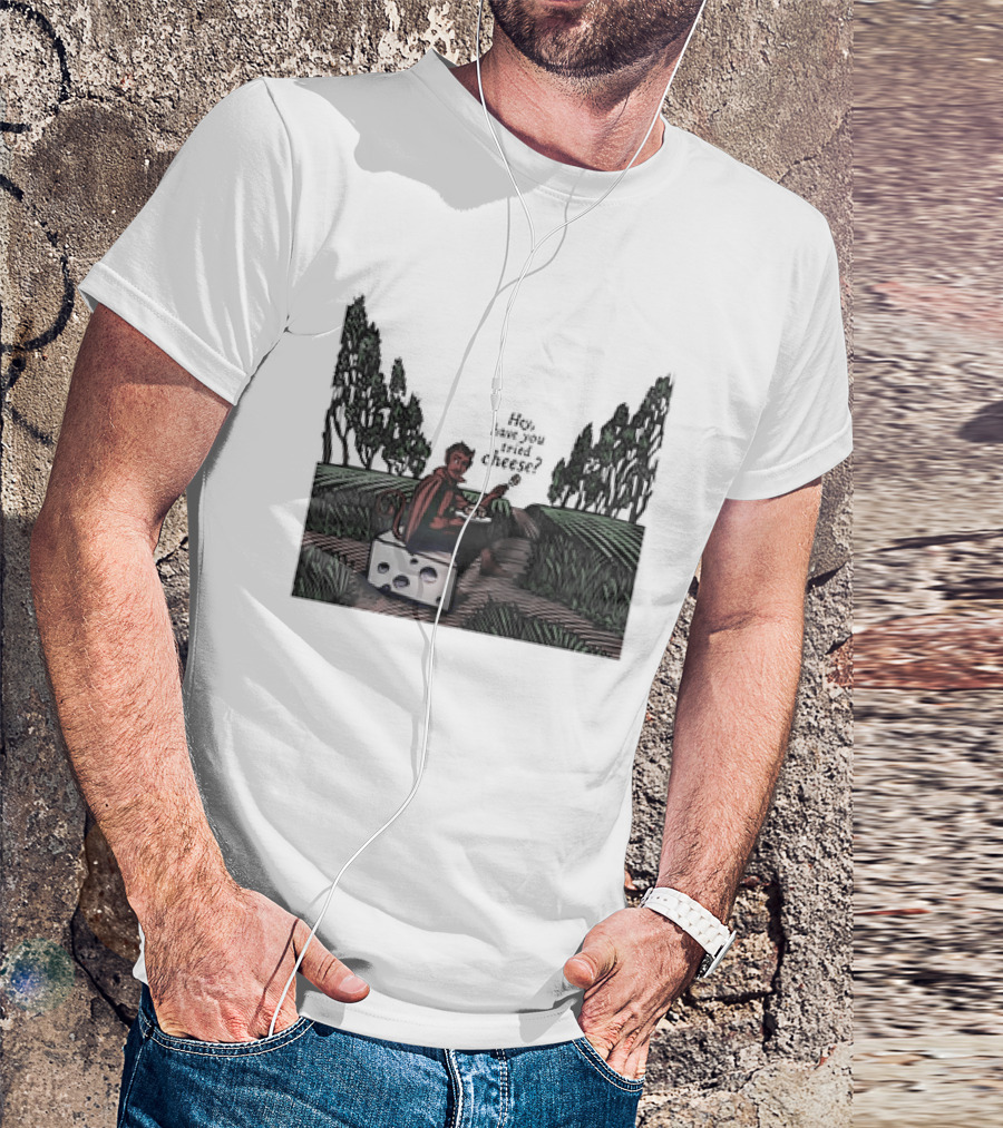Devil Hey Have You Tried Cheese Sitting On Large Cheese Block In Countryside Scene T-Shirt