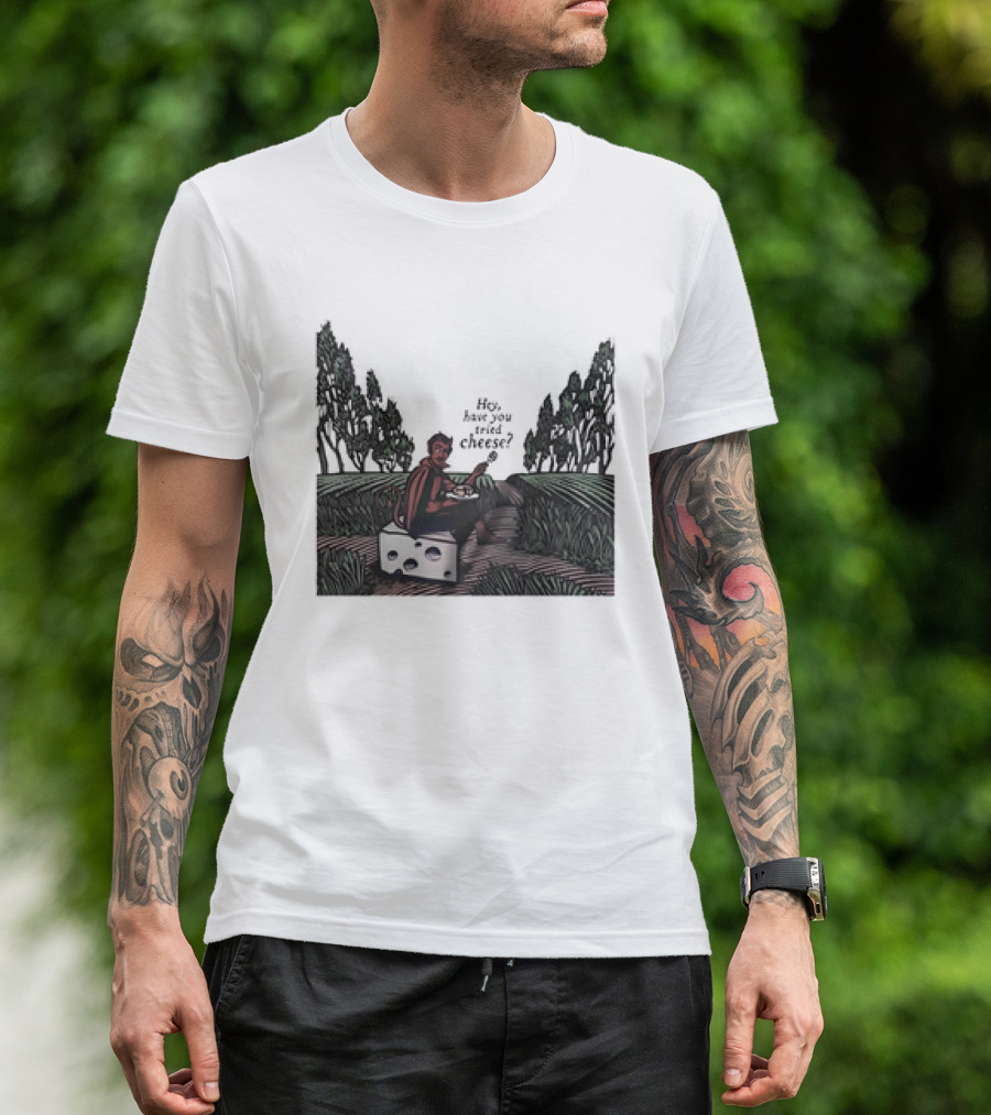 Devil Hey Have You Tried Cheese Sitting On Large Cheese Block In Countryside Scene T-Shirt