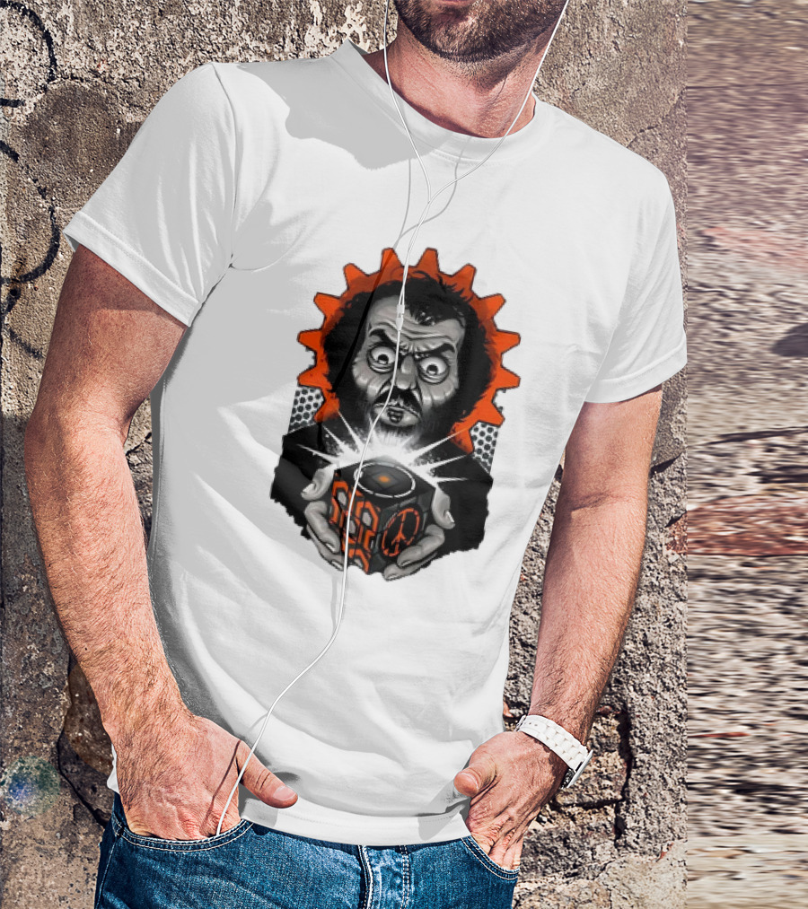 Stanley Kubrick Holding Glowing Cube With Orange Cogs And Geometric T-Shirt