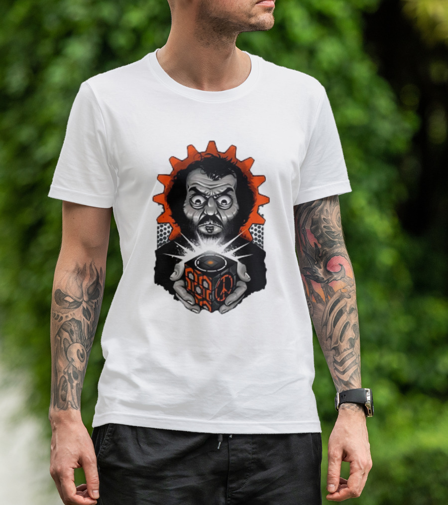 Stanley Kubrick Holding Glowing Cube With Orange Cogs And Geometric T-Shirt