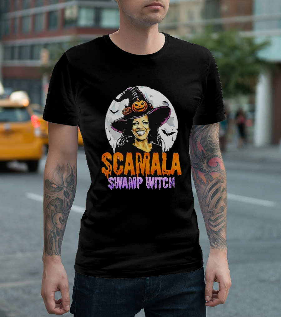 Scamala Swamp Witch Halloween Pumpkin Hat Moon Bats T-Shirt