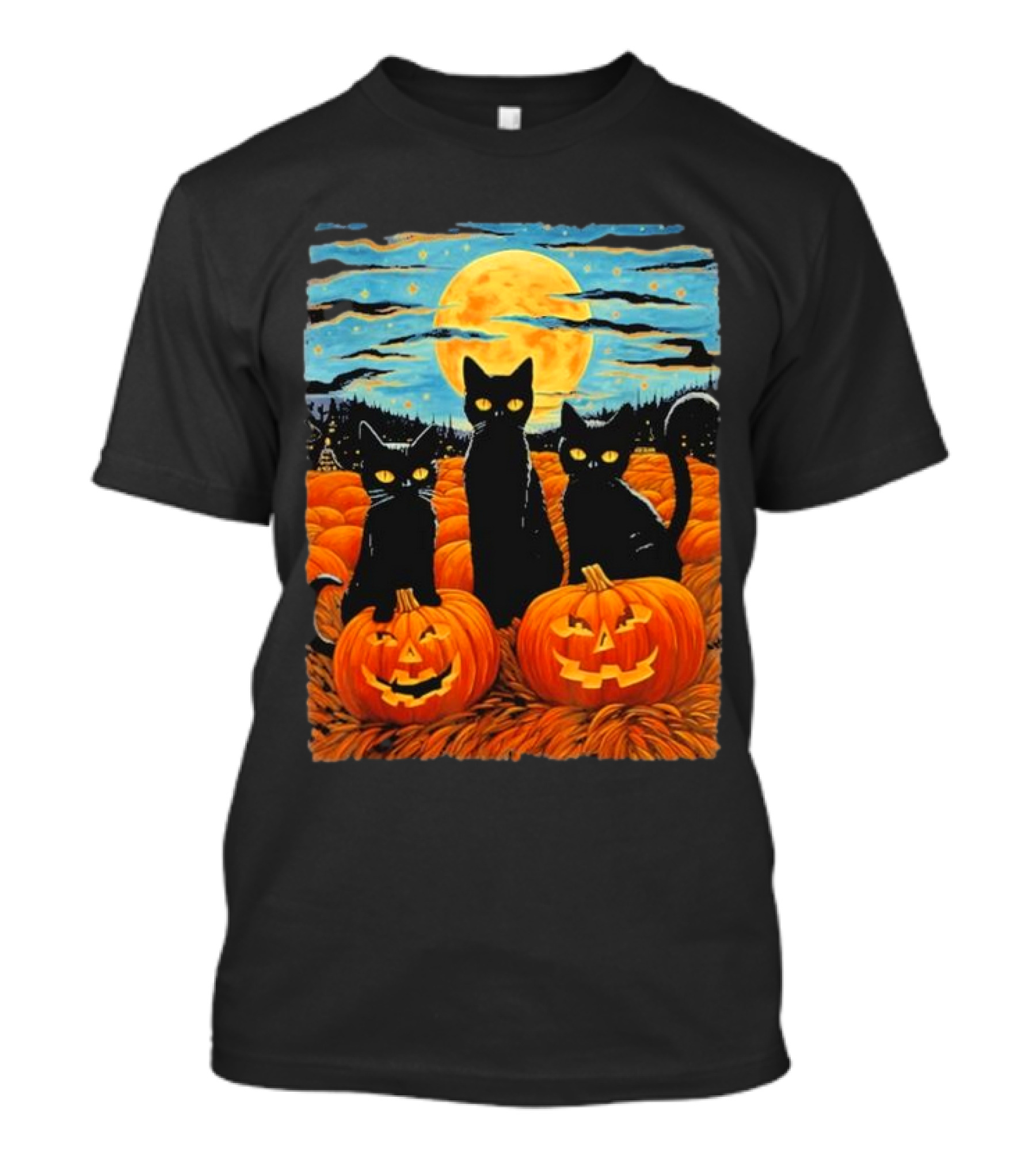 Black Cat Halloween Starry Night Pumpkin Van Gogh T-Shirt