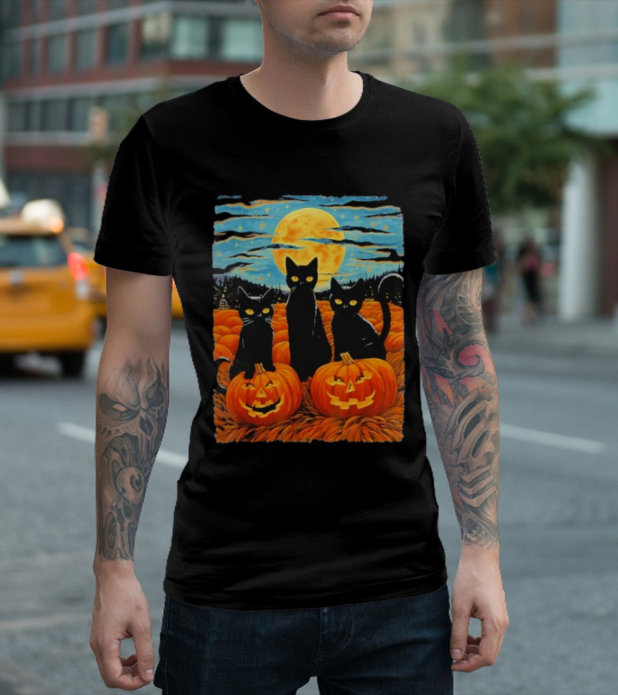 Black Cat Halloween Starry Night Pumpkin Van Gogh T-Shirt