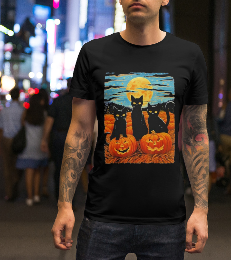 Black Cat Halloween Starry Night Pumpkin Van Gogh T-Shirt