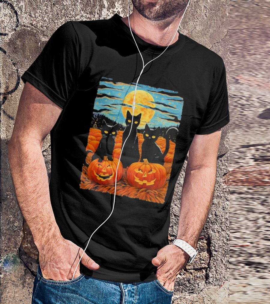Black Cat Halloween Starry Night Pumpkin Van Gogh T-Shirt