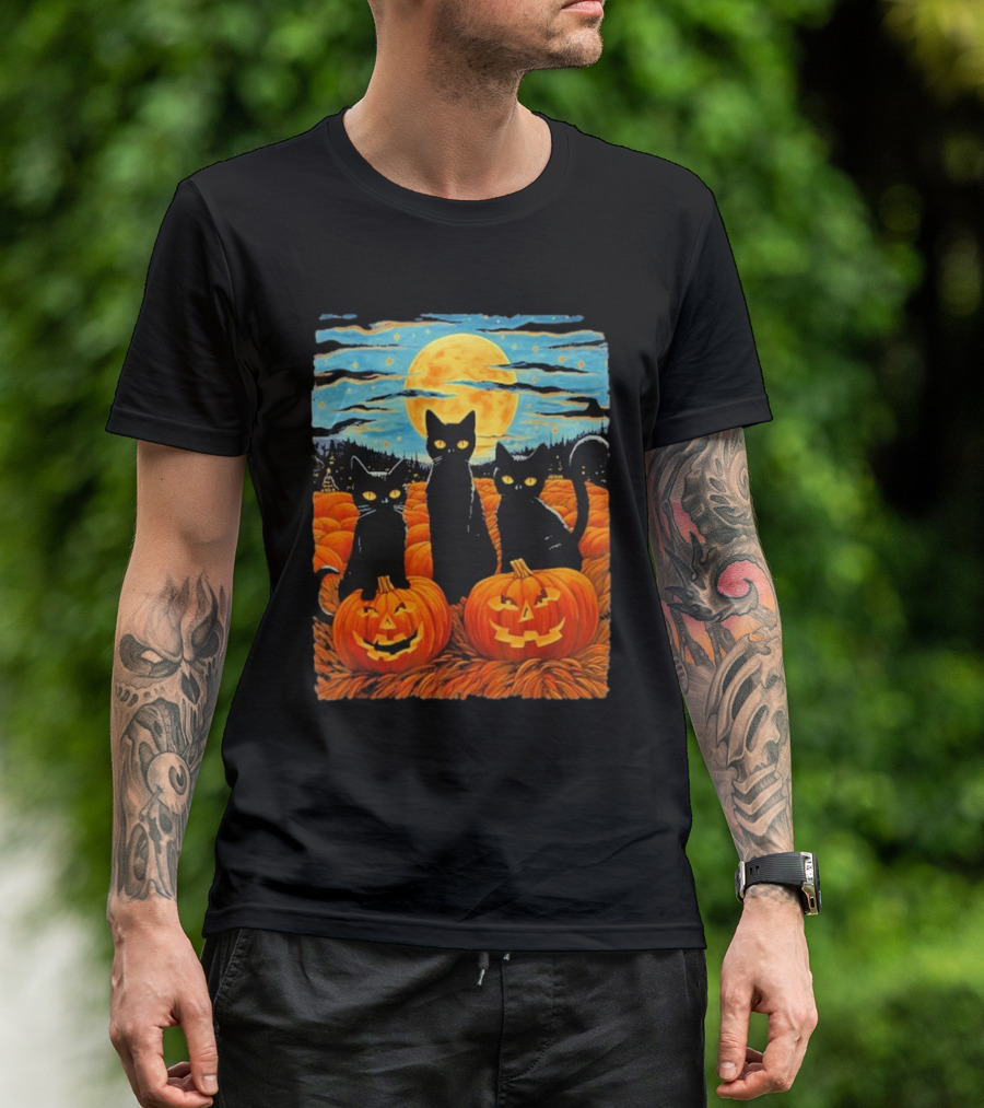 Black Cat Halloween Starry Night Pumpkin Van Gogh T-Shirt